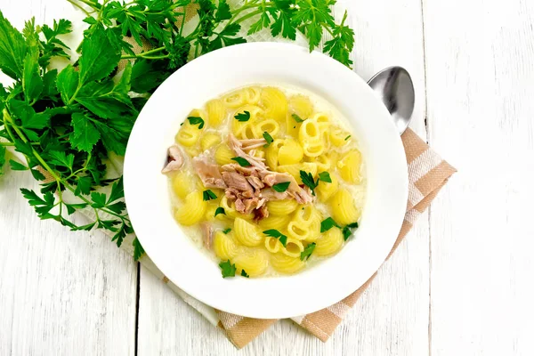 Suppe Aus Hühnerfleisch Nudeln Mit Sahne Und Koriander Einem Teller — Stockfoto