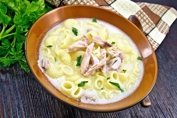 Sopa Carne Pollo Pasta Con Crema Cilantro Plato Barro Toalla — Foto de Stock