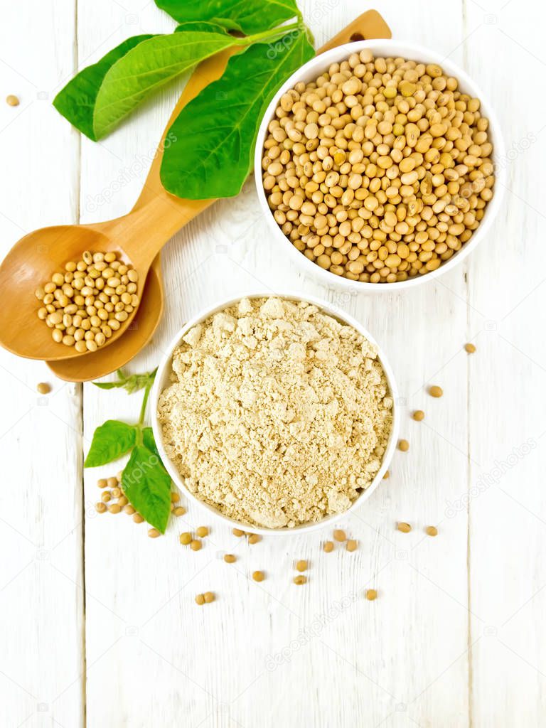 Soy flour and soy beans in two bowls, spoons and green leaves on the background of light wooden boards from above