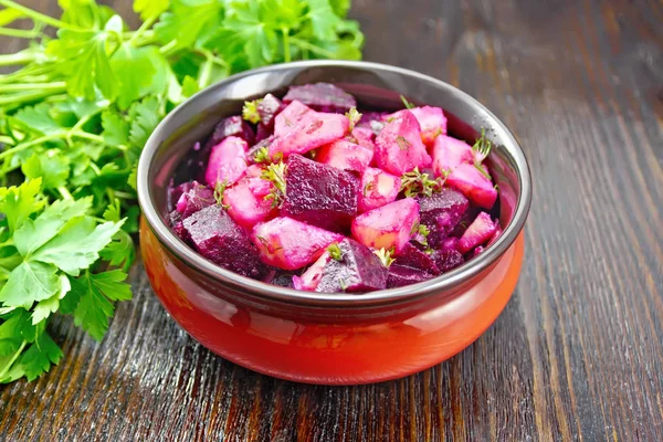 Beetroot Potato Salad Seasoned Vegetable Oil Vinegar Bowl Parsley Dark — Stock Photo, Image