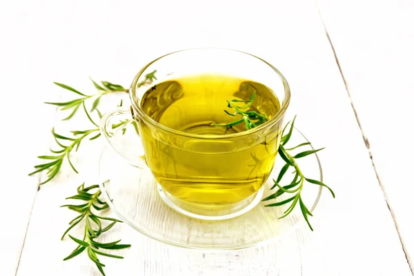 Rosemary Herbal Tea Cup Saucer Wooden Board Backgroun — Stock Photo, Image