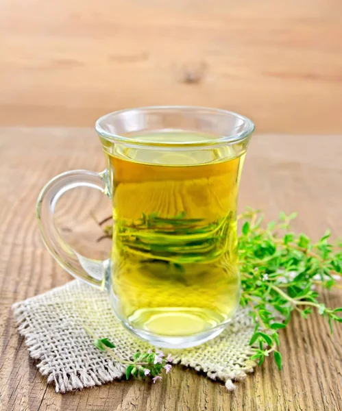 Herbal Tea Glass Mug Thyme Burlap Napkin Bunch Fresh Savory — Stock Photo, Image