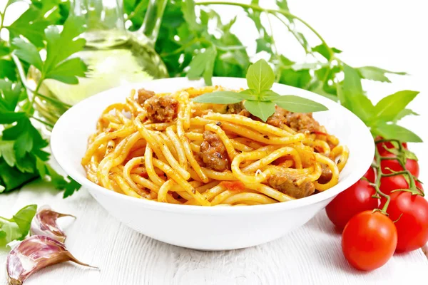 Massa Espaguete Com Molho Bolonhesa Carne Picada Suco Tomate Alho — Fotografia de Stock