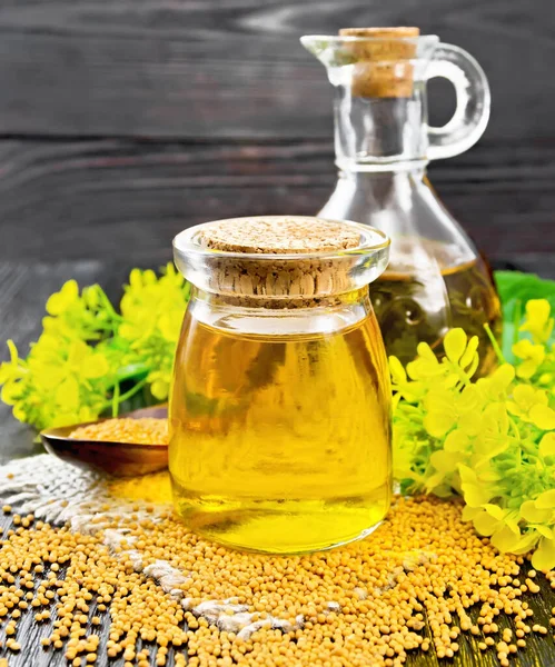 Mustard Oil Glass Jar Decanter Mustard Seeds Burlap Flowers Leaves — Stock Photo, Image