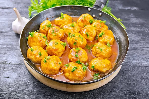 Meatballs Tomato Sauce Frying Pan Parsley Dill Napkin Spoon Wooden — Stock Photo, Image