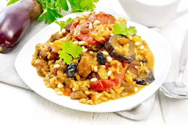 Eastern European National Dish Maklube Made Rice Eggplant Tomatoes Spices — Stock Photo, Image