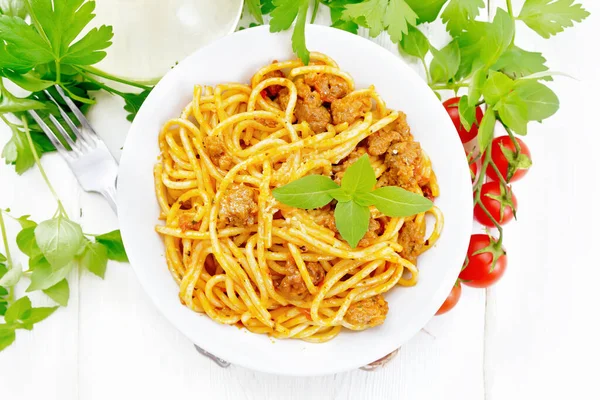 Spaghetti Pasta Sauce Bolognese Minced Meat Tomato Juice Garlic Wine — Stock Photo, Image