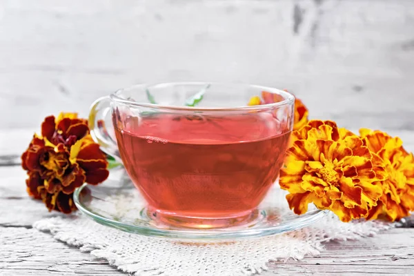 Marigold Gyógynövény Tea Egy Üveg Csésze Csészealj Egy Szalvéta Zsák — Stock Fotó