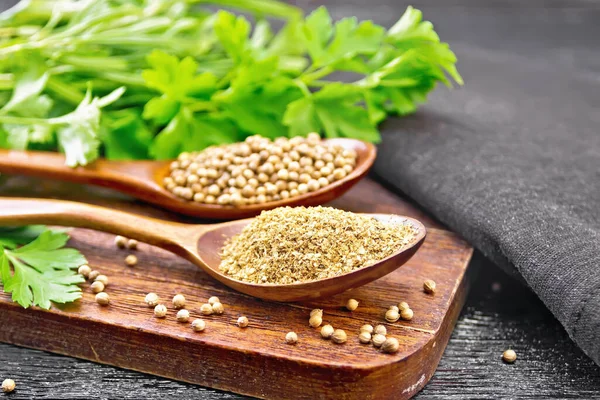 Coriander Seeds Ground Two Spoons Green Fresh Cilantro Napkin Black — Stock Photo, Image