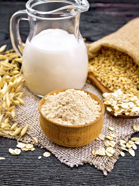 Flour Oat Bowl Milk Jug Oatmeal Spoon Burlap Grain Bag — Stock Photo, Image