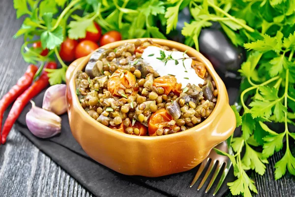 Green Lentils Stewed Eggplant Tomatoes Garlic Spices Sour Cream Sauce — Stock Photo, Image