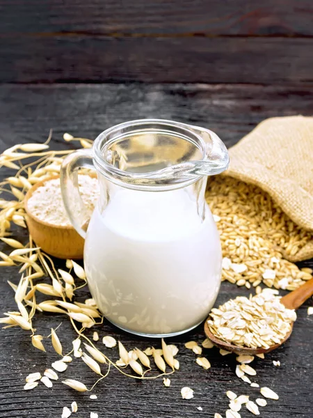 Oat Milk Jug Flour Bowl Oatmeal Spoon Grain Bag Oaten — Stock Photo, Image
