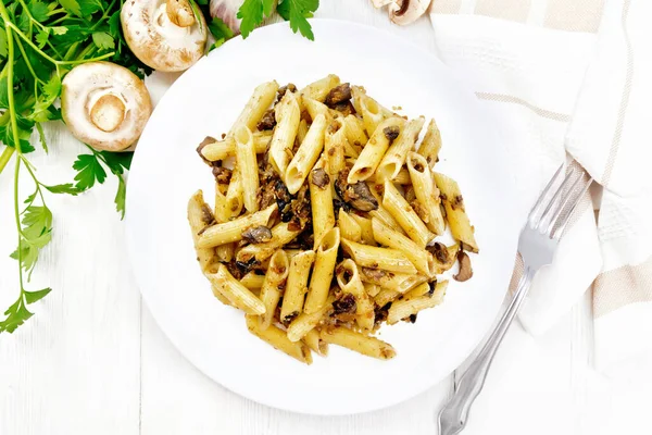 Penne Pasta Wild Mushrooms Plate Towel Parsley Fork Wooden Board — Stock Photo, Image