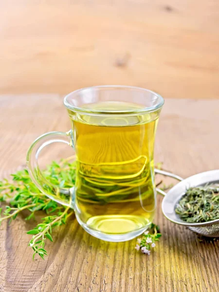 Herbal Tea Glass Mug Thyme Metal Strainer Dry Leaves Bunch — Stock Photo, Image