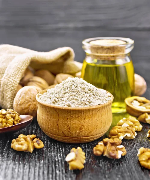 Walnut Flour Bowl Nuts Table Spoon Jute Bag Butter Glass — Stock Photo, Image