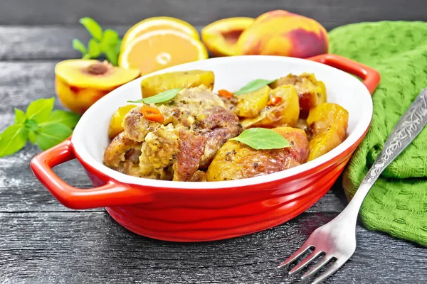 Turkey Stewed Peaches Fresh Hot Pepper Orange Sauce Basil Leaves — Stock Photo, Image