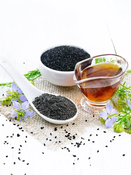 Mehl Nigella Sativa Einem Löffel Schwarzkümmelsamen Einer Schüssel Und Soße — Stockfoto