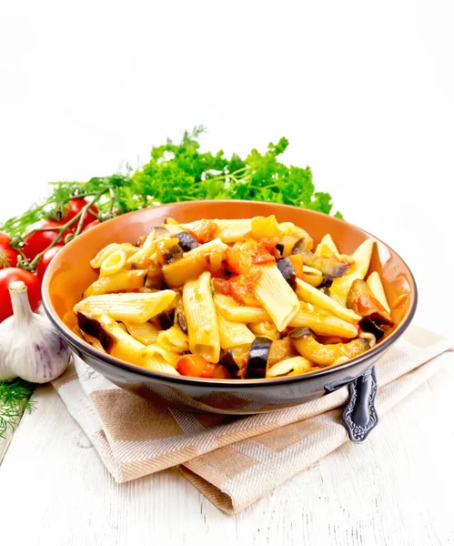 Penne Pasta Eggplant Tomatoes Bowl Kitchen Towel Fork Garlic Parsley — Stock Photo, Image