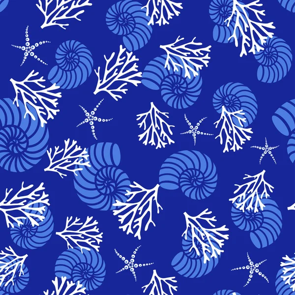 Pattern Shells Sarfish Coral Blue Sea Wallpaper Background Underwater Inhabitants — Stock Vector