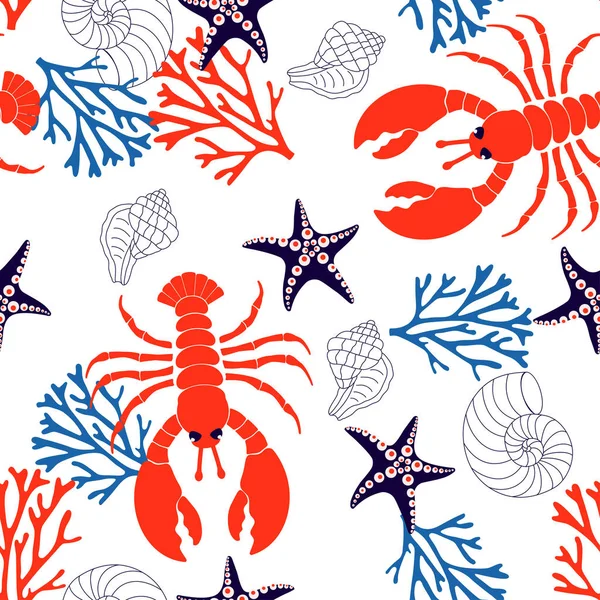 Seamless Pattern Lobsters Starfish Shells Corals Background Sea Elements Wallpapers — Stock Vector