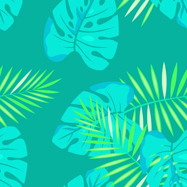 图案与棕榈叶在绿松石 可爱的背景与树叶任何设计 热带壁纸 — 图库矢量图片