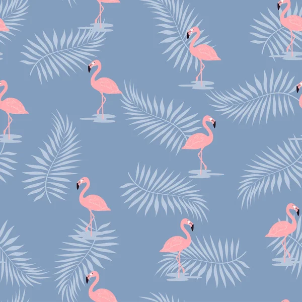 Motif Avec Flamant Rose Sur Fond Bleu Avec Des Feuilles — Image vectorielle