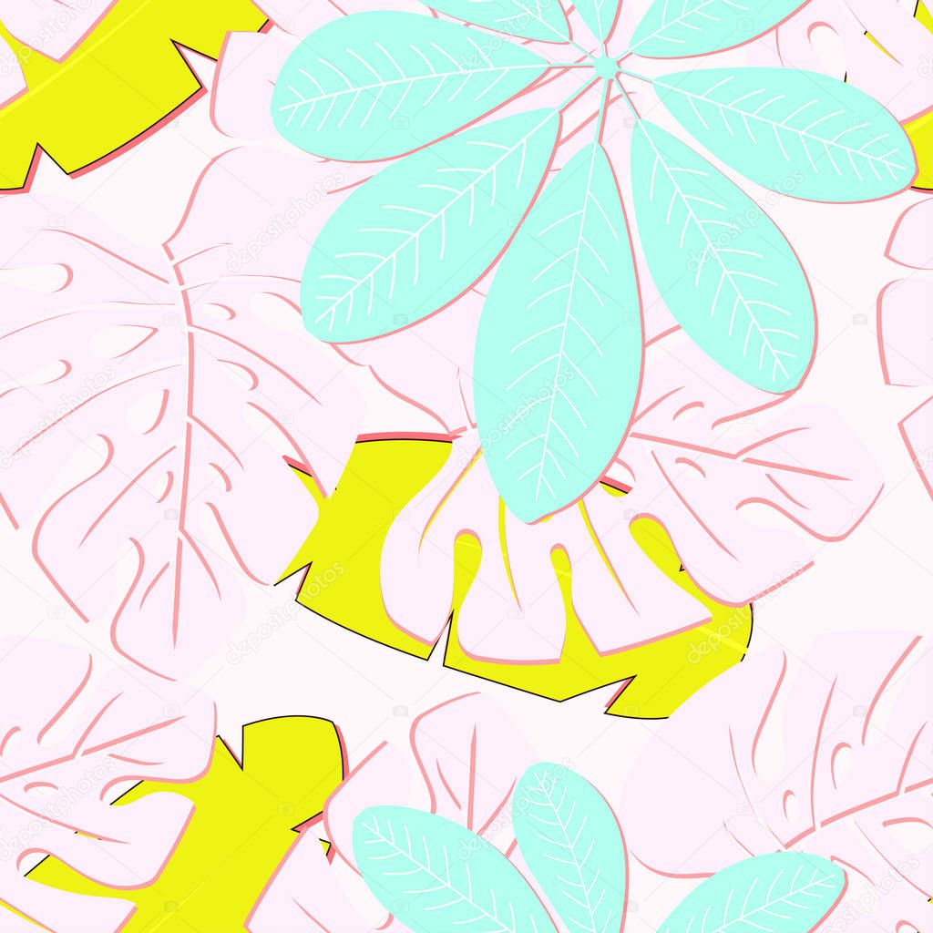 pattern with palm leaves on pink, floral wallpaper, tropical background