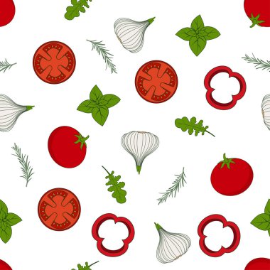 roka, domates ve biber, sarımsak, organo ve fesleğen, adet taze yeşil yaprağı seamless modeli taze roka duvar kağıdı, Vejetaryen arka plan dekore edilmiş