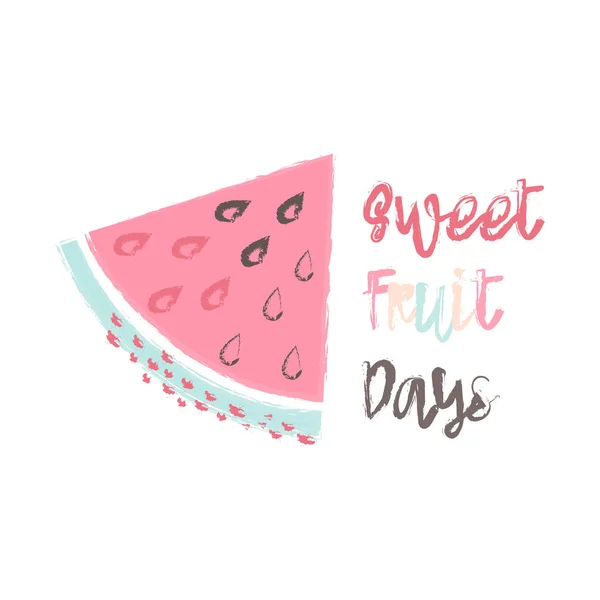 插图与卡通水果和题字甜果子天 横幅与西瓜在白色背景 — 图库矢量图片