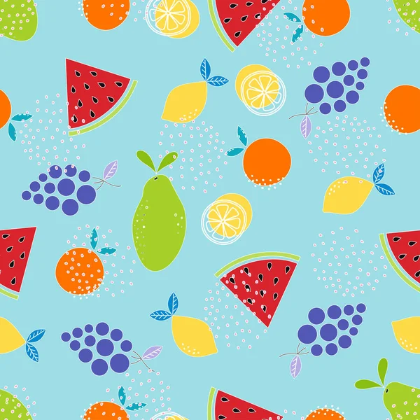 图案与水果在蓝色 墙纸与切片的西瓜 木瓜和葡萄 水果背景 — 图库矢量图片