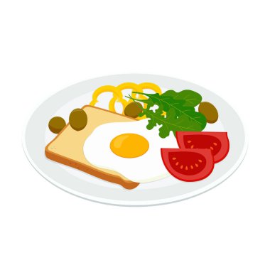 Sahanda yumurta, kızarmış ekmek, domates, biber, roka ve tabağında, sağlıklı kahvaltı, öğle yemeği izole zeytin ile kahvaltı