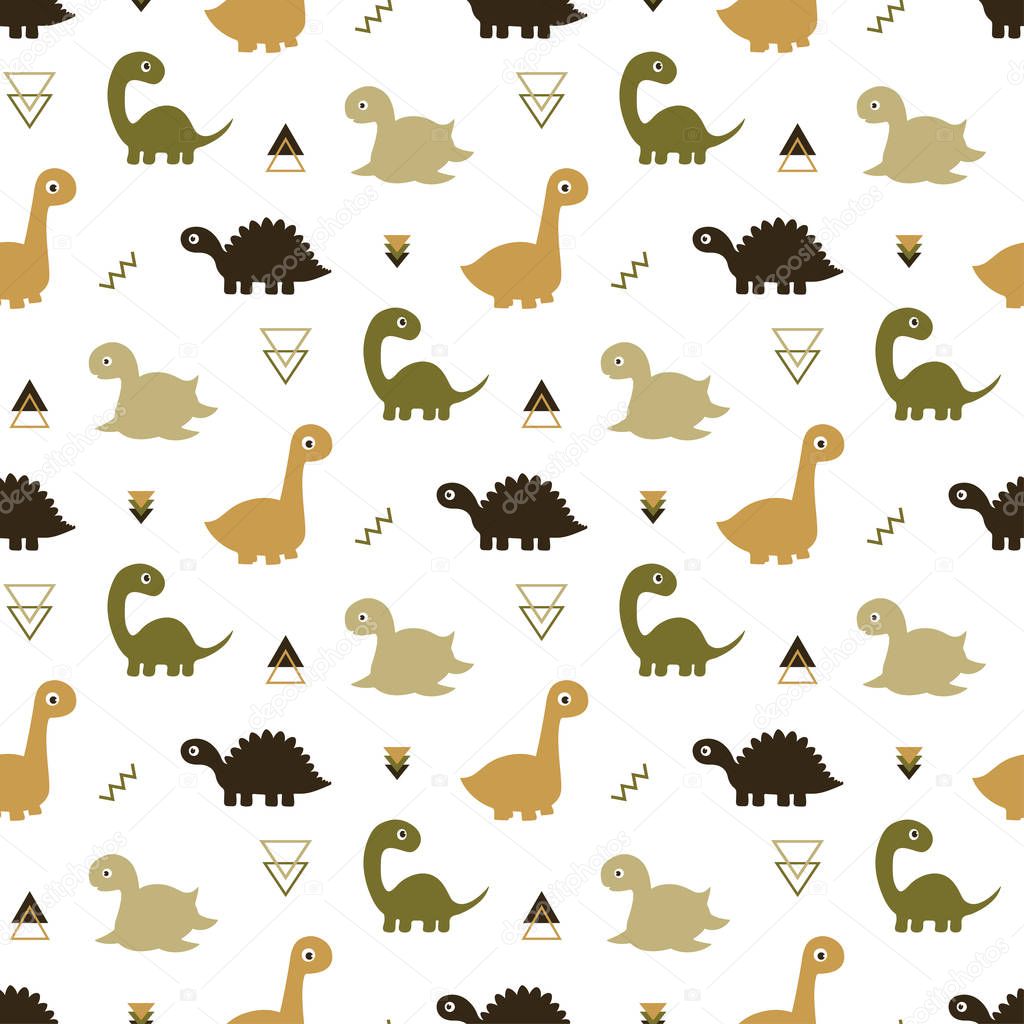cute kids pattern for girls and boys, colorful dinosaurs on the white background create fun cartoon drawing, backdrop for textile and fabric