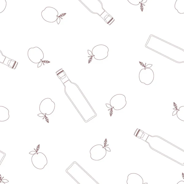 无缝模式与葡萄酒和苹果的轮廓瓶白色 任何设计壁纸 — 图库矢量图片