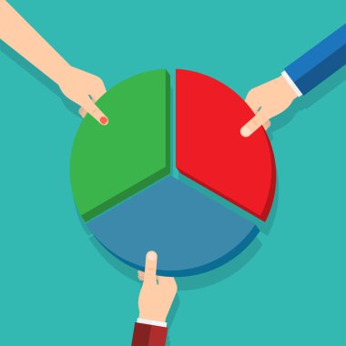 Pasta grafiği parçaları çıkararak üç el. Pazar payı. Vektör çizim