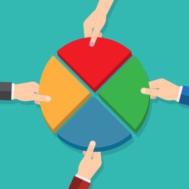 Pasta grafiği parçaları çıkararak dört el. Pazar payı. Vektör çizim