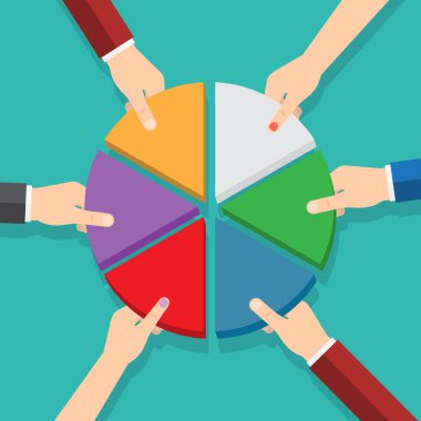 Pasta grafiği parçaları çıkararak altı eller. Pazar payı. Vektör çizim