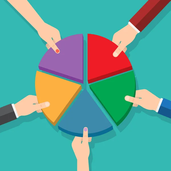 Fünf Hände Die Tortendiagrammteile Pflücken Marktanteil Vektorillustration — Stockvektor