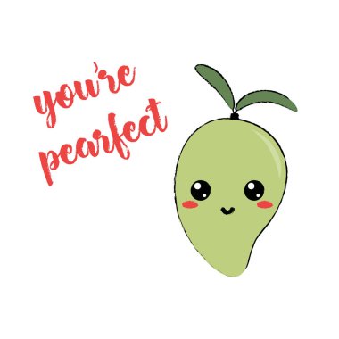 komik karikatür mango beyaz arka plan, eğlenceli kartıyla meyve yüz ve gülümsemek