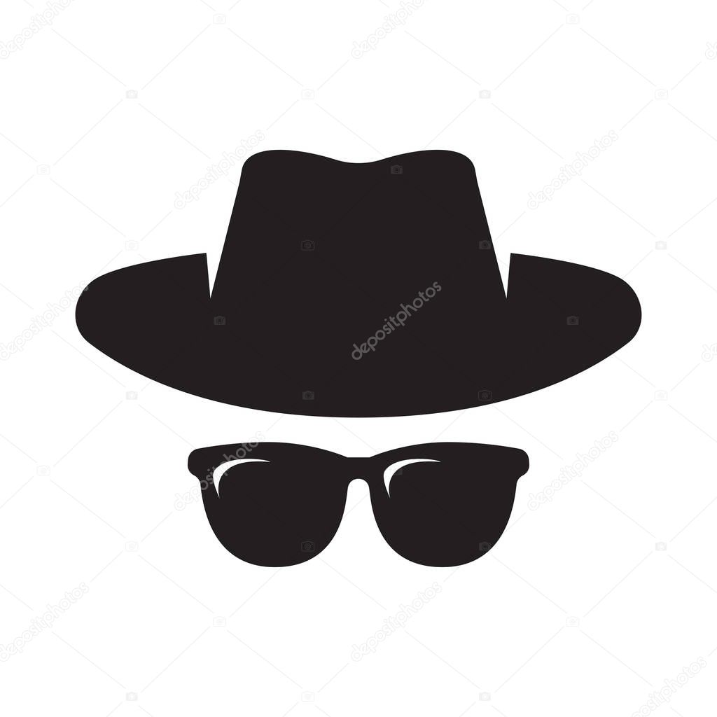 Anonymous. Spy, Gangster, Detective, Agent. Hat and glasses Vector illustration Isolated on White Background