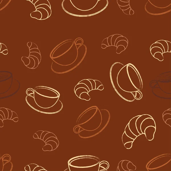 Бесшовный Узор Кофе Круассаном Классическое Сочетание Кофе Выпечки Здоровые Вкусные — стоковый вектор