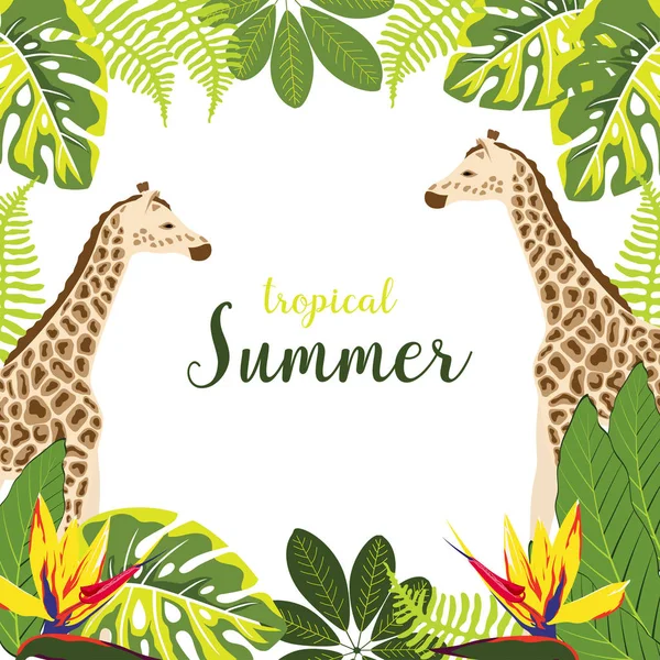 Fond Avec Girafe Fleurs Tropicales Feuilles Palmier Inscription Été Tropical — Image vectorielle