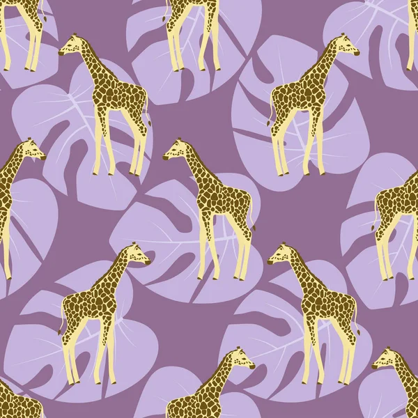 Padrão Sem Costura Com Girafas Desenhos Animados Fundo Folhas Palma — Vetor de Stock
