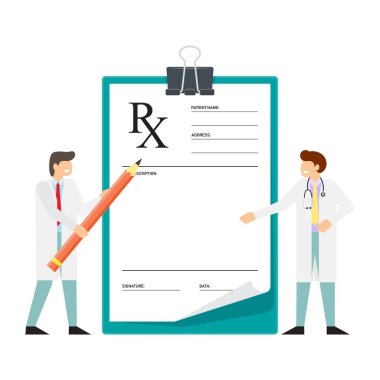 Minyatür Doktor Pano elinde kalem ile duruyor. RX reçeteli formu. Doktor yazma reçete. Vektör çizim