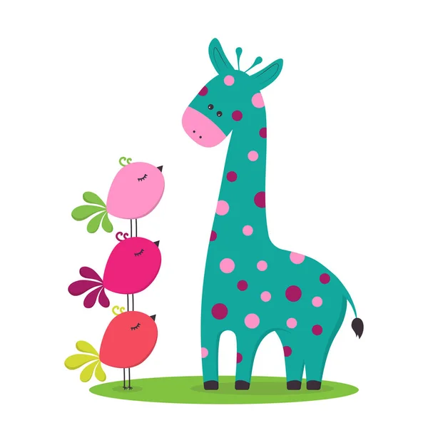 Милый Мультяшный Жираф Птицами Зеленой Траве Смешные Животные Птицы — стоковый вектор