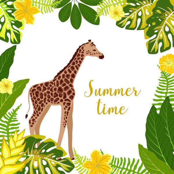 Fundo Com Girafa Flores Tropicais Folhas Palma Inscrição Hora Verão —  Vetores de Stock
