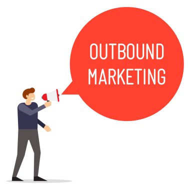 Konuşmacı olan adam. Giden pazarlama konuşma balonu. Pazarlama ve reklam. Vektör çizim.