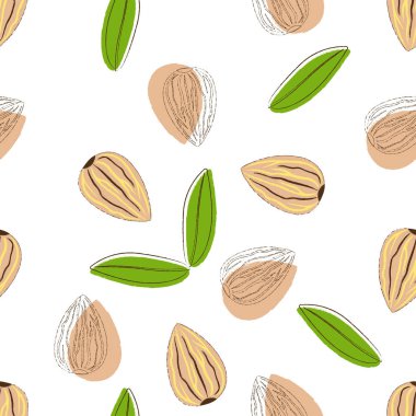 badem ve fındık, beyaz, duvar kağıdı arka plan lezzetli ve sağlıklı gıda ile yapraklarda ile soyut seamless modeli