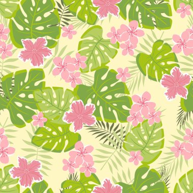palmiye yaprakları ve egzotik çiçekler, çiçek arka plan, çiçek duvar kağıtları canlı renkler ile güzel sorunsuz tropikal desen