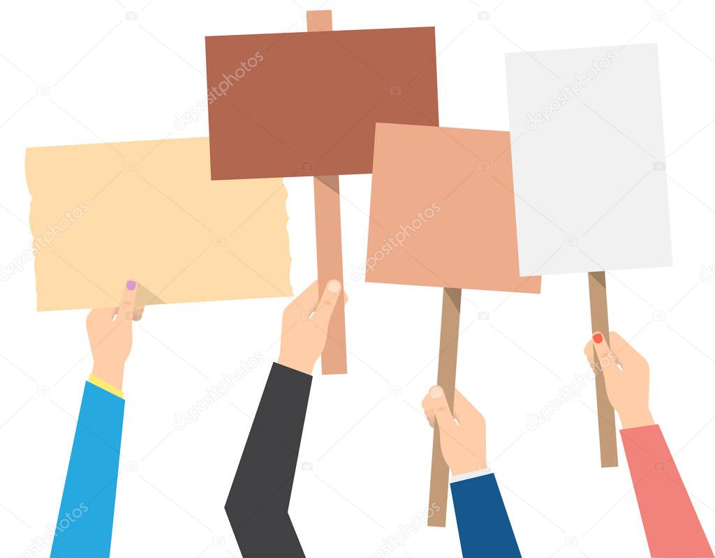 hands holding protest banners. isolated vector illustration