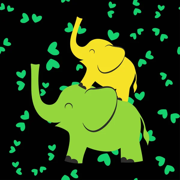 图案与卡通大象和心在黑暗中 背景与滑稽的动物 简单儿童动物壁纸 — 图库矢量图片